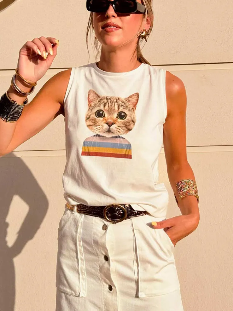 Camisetas De Mujer-Mariquita Trasquilá CAMISETA SIN MANGAS PRINT GATO Blanco