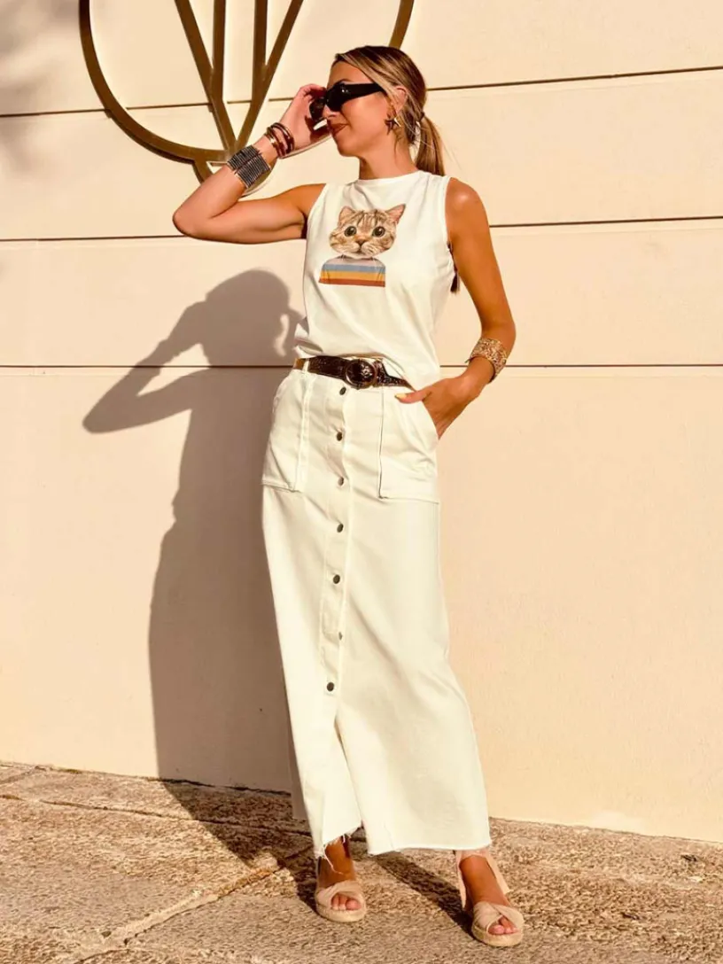 Camisetas De Mujer-Mariquita Trasquilá CAMISETA SIN MANGAS PRINT GATO Blanco