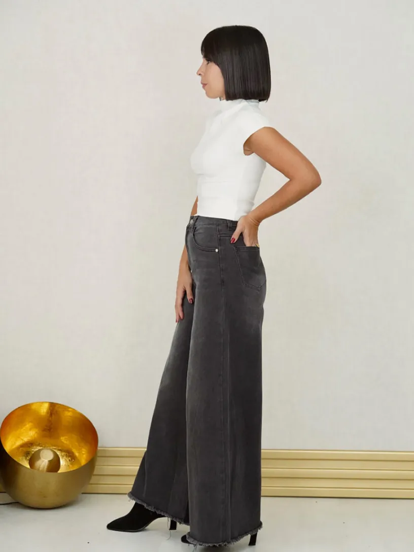 Pantalones De Mujer-Mariquita Trasquilá JEANS WIDE LEG GRIS GrisAntracita