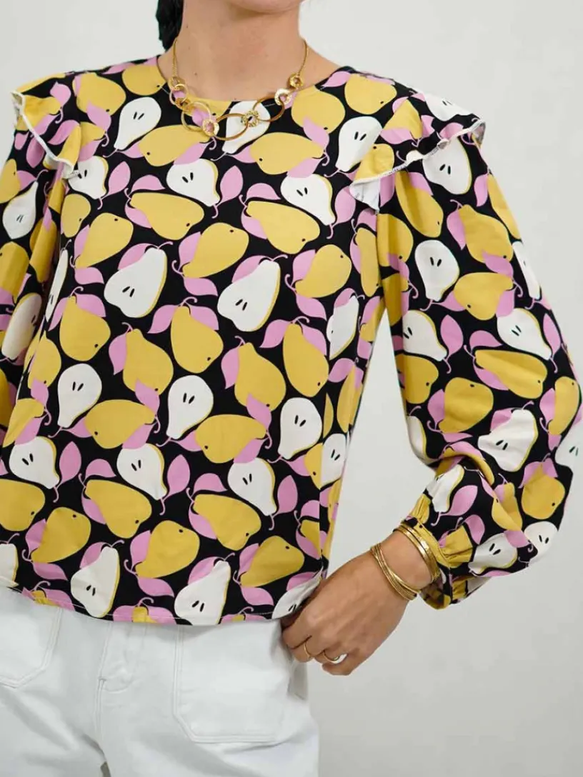 Blusas Y Camisas De Mujer-Mariquita Trasquilá TOP DE MANGA LARGA CON VOLANTES Y ESTAMPADO DE PERAS C.F. Negro